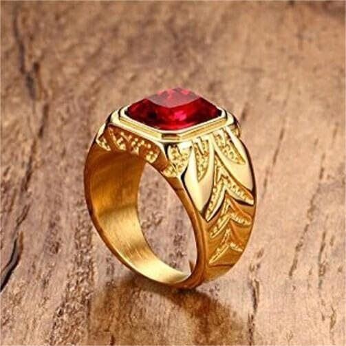 10K Gold Princess-square Shaped Garnet Vintage Pattern Square Ring for Men-4