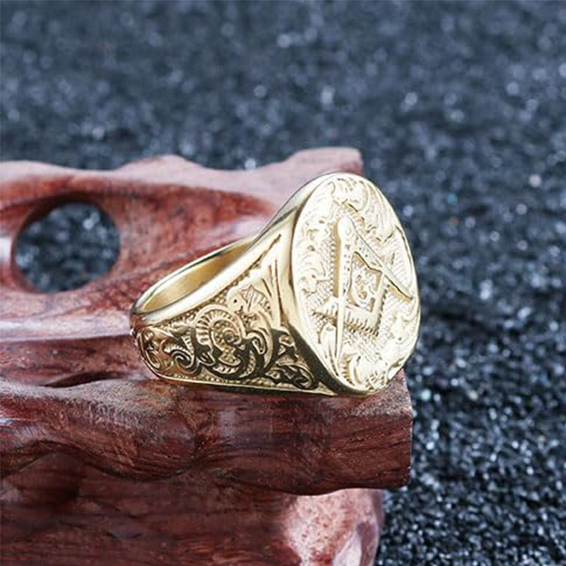 Anillo con símbolo masónico de oro amarillo real de 10 quilates para hombres-3