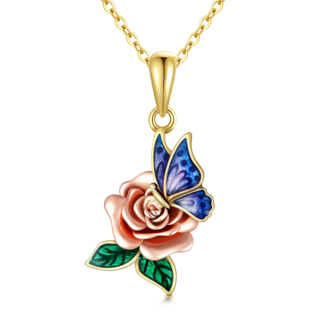 Collana da donna con pendente a farfalla bicolore in oro 10 carati con rosa-1