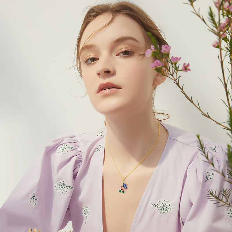 18K Gold Two-Tone Butterfly With Rose Pendant Necklace For Women-2