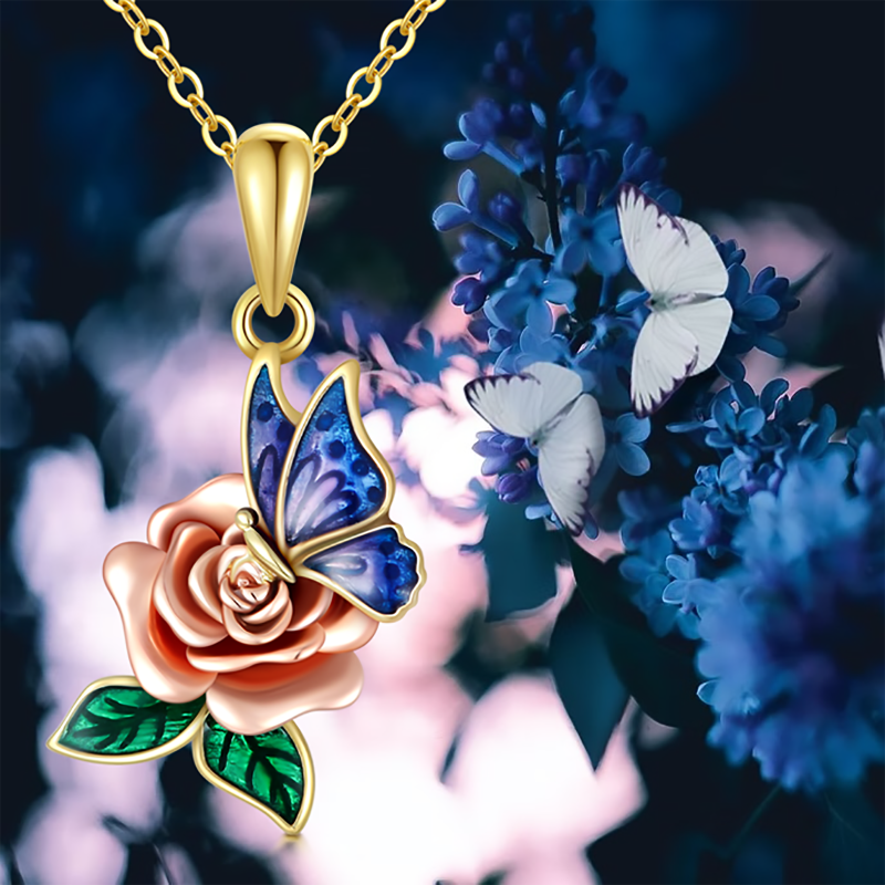18K Gold Two-Tone Butterfly With Rose Pendant Necklace For Women-6