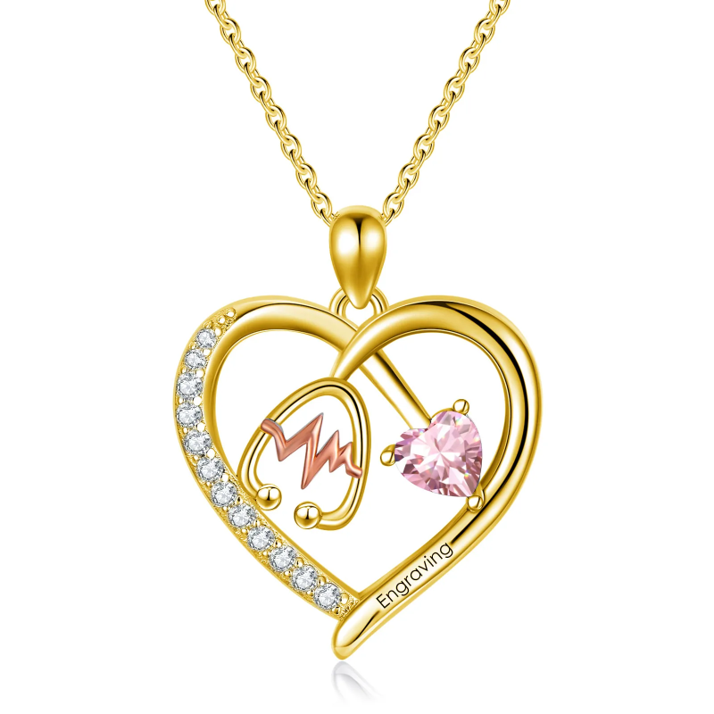 10K Gold & Rose Gold Heart Cut Cubic Zirconia Personalized Birthstone Stethoscope Necklace for Women-2