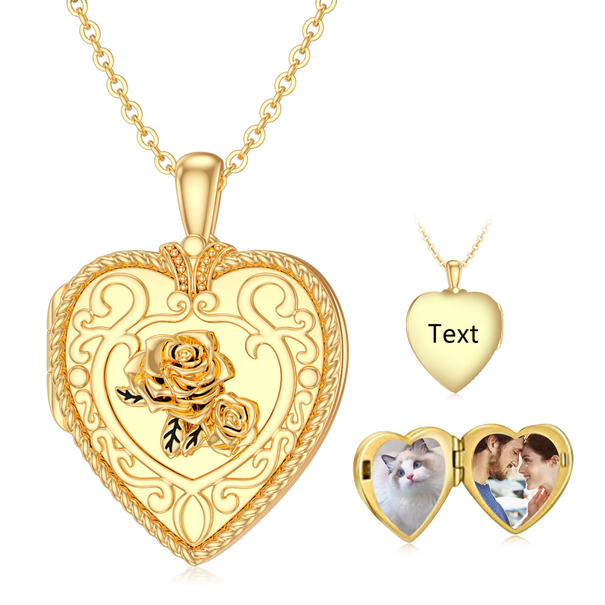 10K Gold Rose & Herz Personalisierte Foto Medaillon Halskette-4