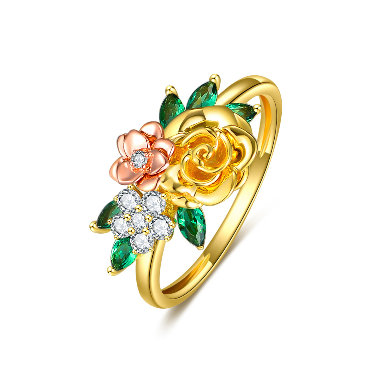 Anillo de oro de 10 quilates y oro rosa con circonita cúbica y flor de melocotón para mujer-1