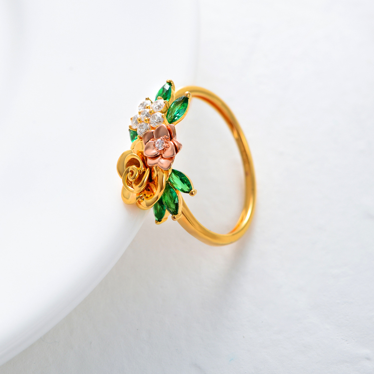 Anillo de oro de 10 quilates y oro rosa con circonita cúbica y flor de melocotón para mujer-3