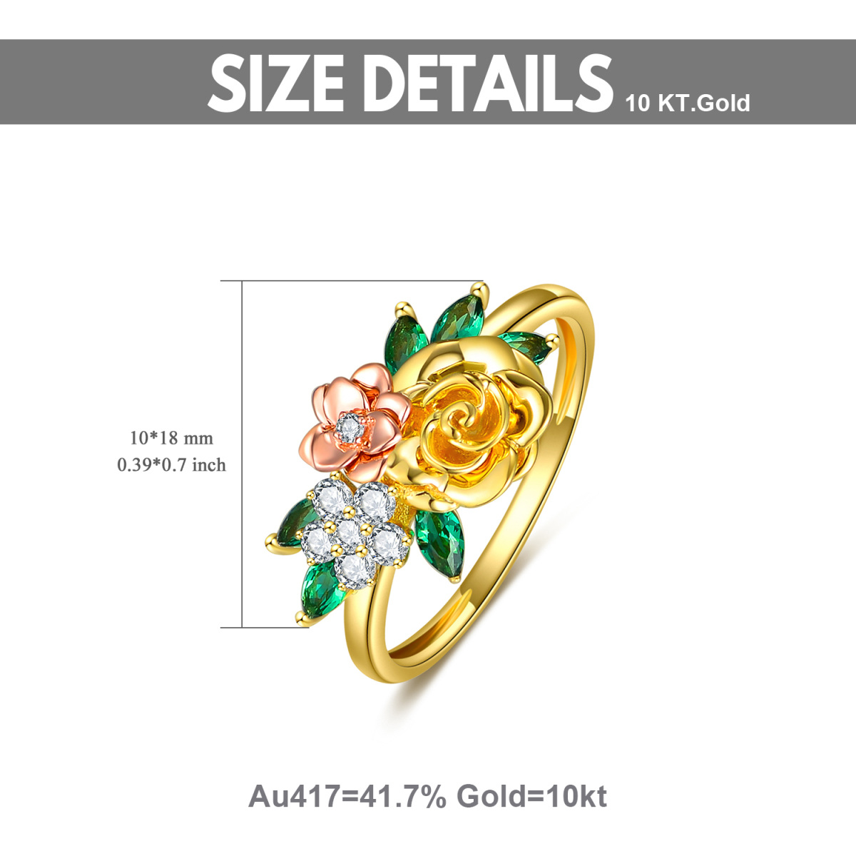 Anillo de oro de 10 quilates y oro rosa con circonita cúbica y flor de melocotón para mujer-6