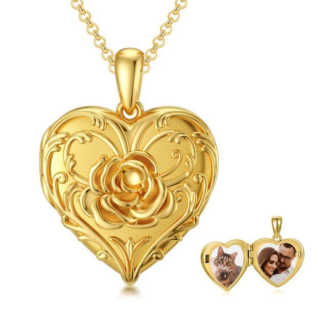 10K Gold Rose & Personalized Photo & Heart Personalized Photo Locket Necklace-1