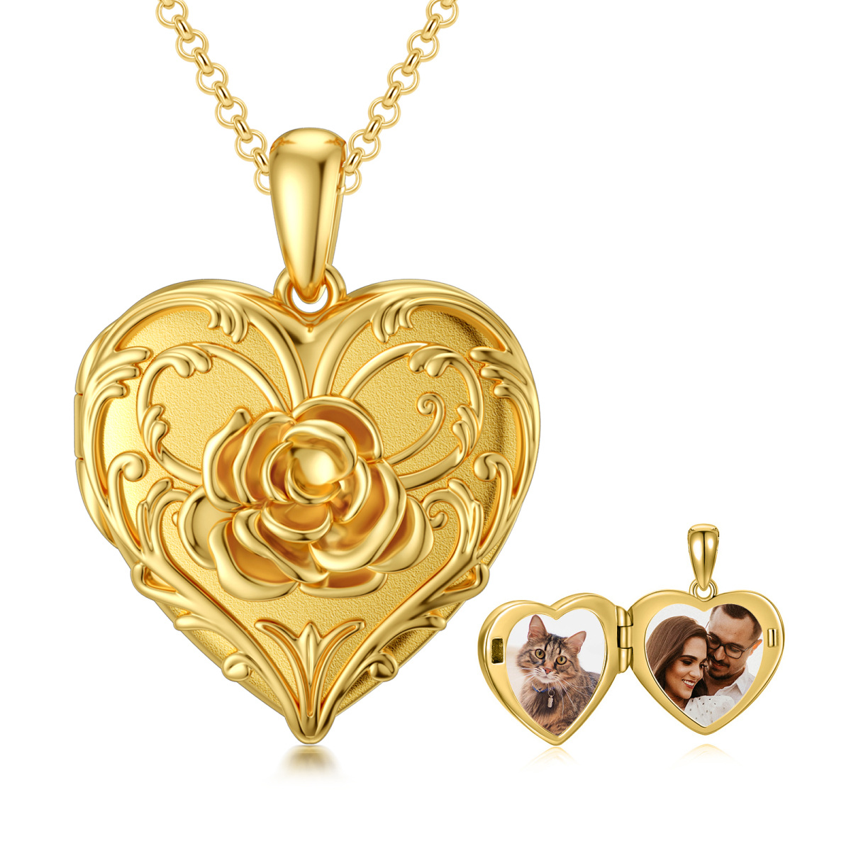 10K Gold Rose With Heart Personalized Photo Locket Necklace For Women-1