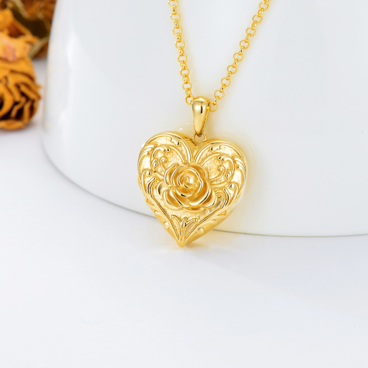 10K Gold Rose With Heart Personalized Photo Locket Necklace For Women-3