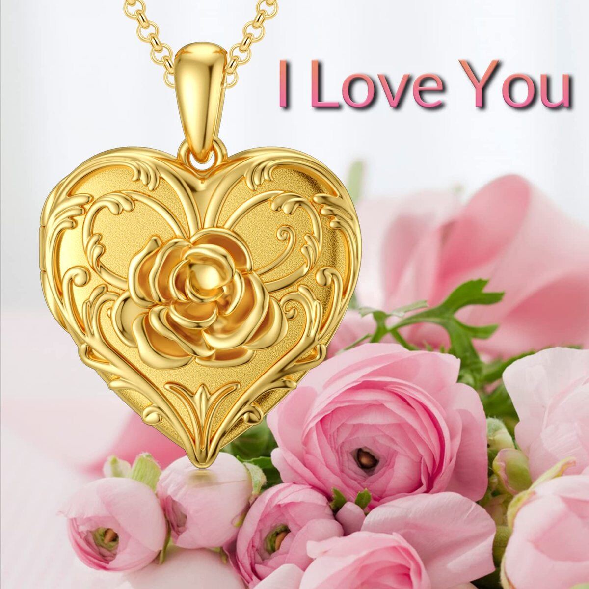 10K Gold Rose & Personalized Photo & Heart Personalized Photo Locket Necklace-6