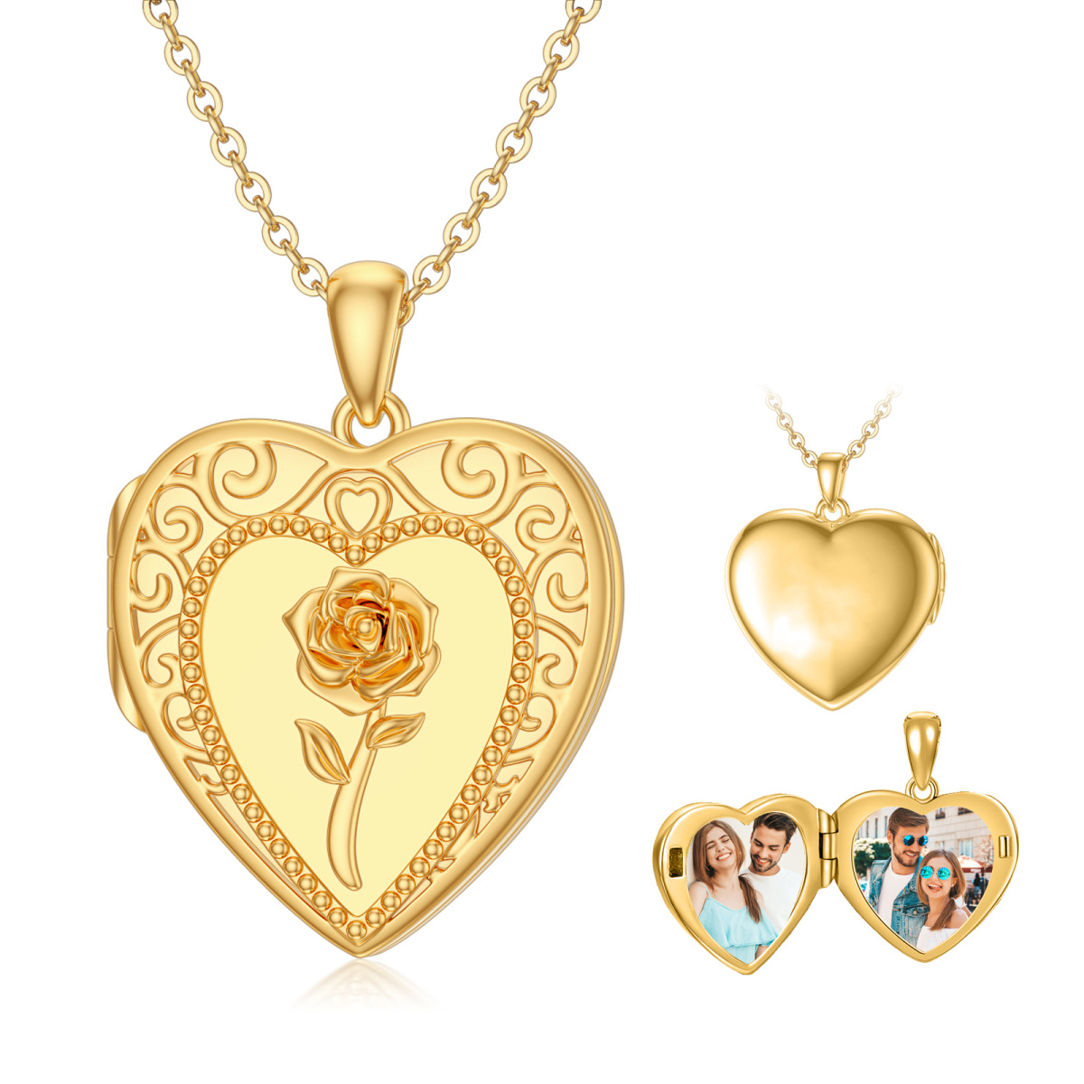 10K Gold Rose Personalized Photo Locket Necklace-4