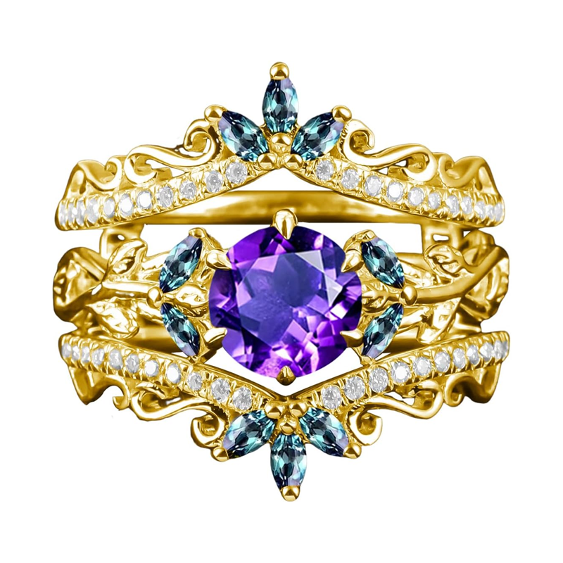 10K Gold Round Cut Custom Bridal Set Vintage Leaf Wedding Bridal Anniversary Proposal Ring Set-9