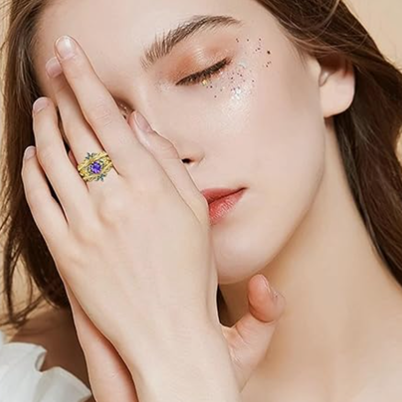 10K Gold Round Cut Custom Bridal Set Vintage Leaf Wedding Bridal Anniversary Proposal Ring Set-2