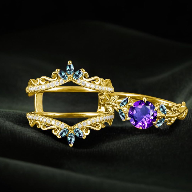 10K Gold Round Cut Custom Bridal Set Vintage Leaf Wedding Bridal Anniversary Proposal Ring Set-3