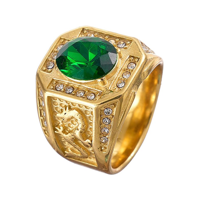 10K Gold Round Cut Emerald & Natrual Diamond Dragon Signet Wedding Band Best Gift for Husband/Father/His-1