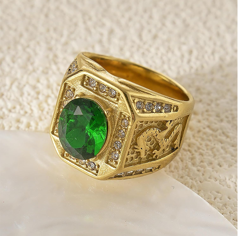 10K White Gold Round Cut Emerald & Natrual Diamond Dragon Signet Wedding Band Best Gift for Husband/Father/His-3