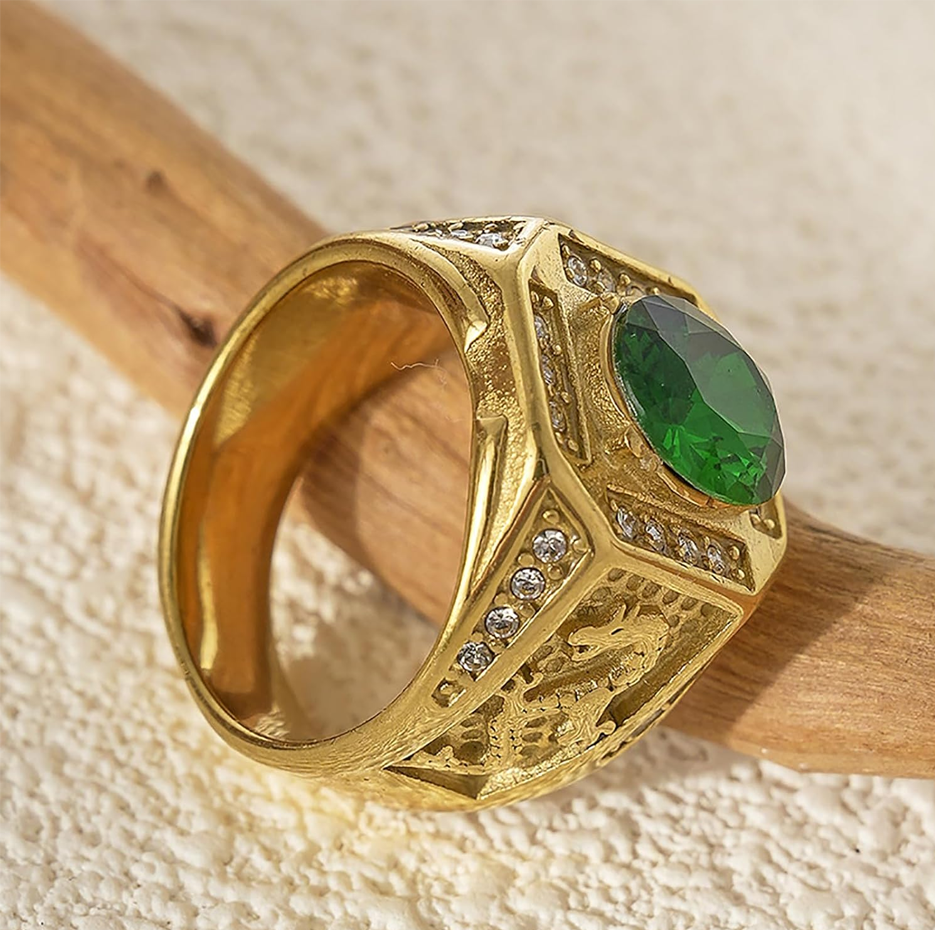10K White Gold Round Cut Emerald & Natrual Diamond Dragon Signet Wedding Band Best Gift for Husband/Father/His-4
