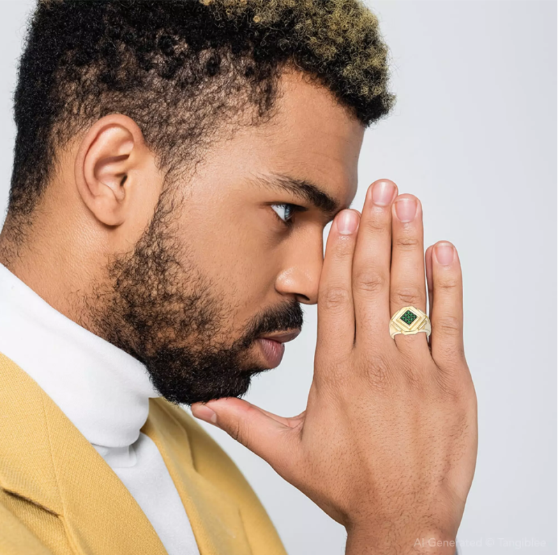 Fede nuziale in oro 10K con smeraldo taglio rotondo per uomo-2