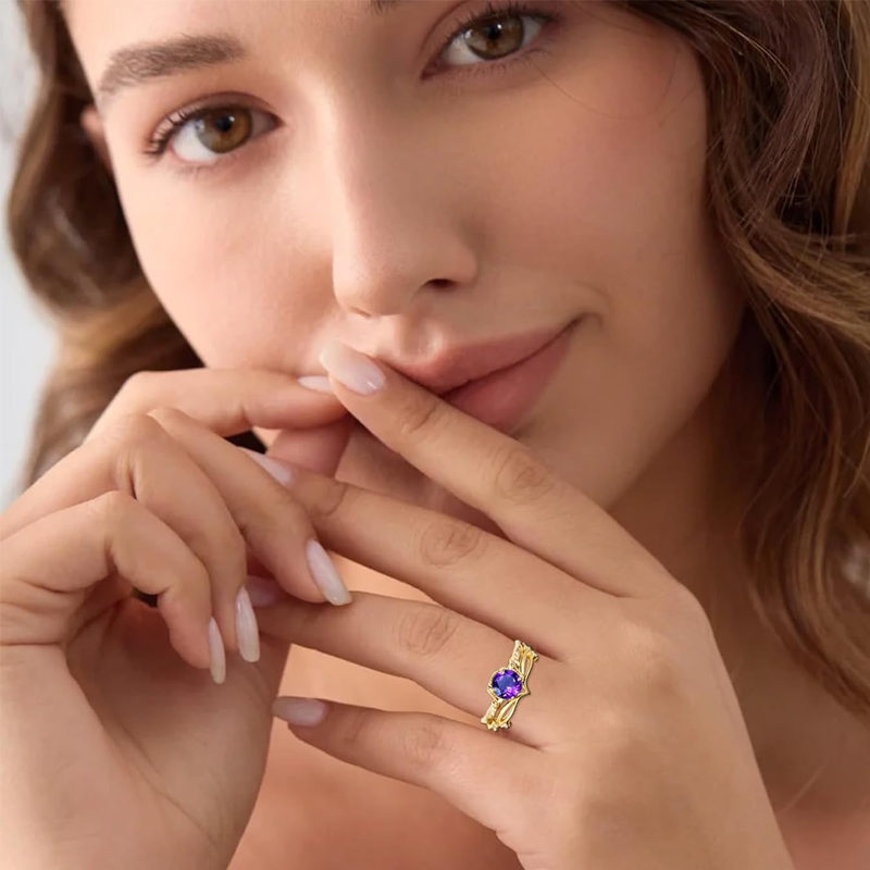 Anel de noivado em ouro branco 10K com pedra preciosa de hera em corte redondo, conjunto de alianças vintage para casamento, aniversário de casamento e proposta de casamento-2