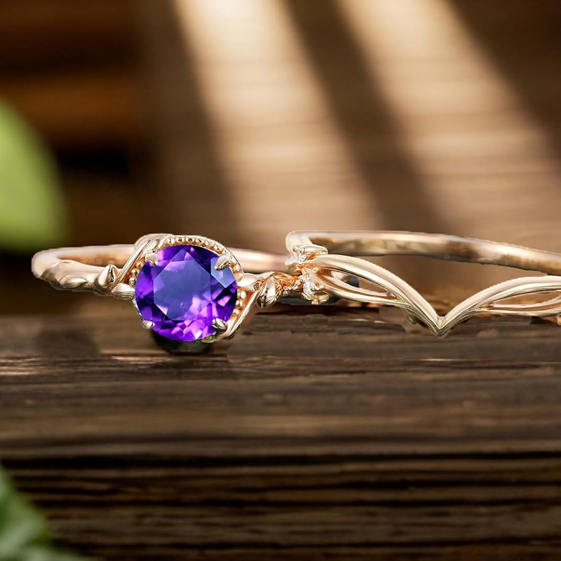 Anel de noivado em ouro branco 10K com pedra preciosa de hera em corte redondo, conjunto de alianças vintage para casamento, aniversário de casamento e proposta de casamento-4