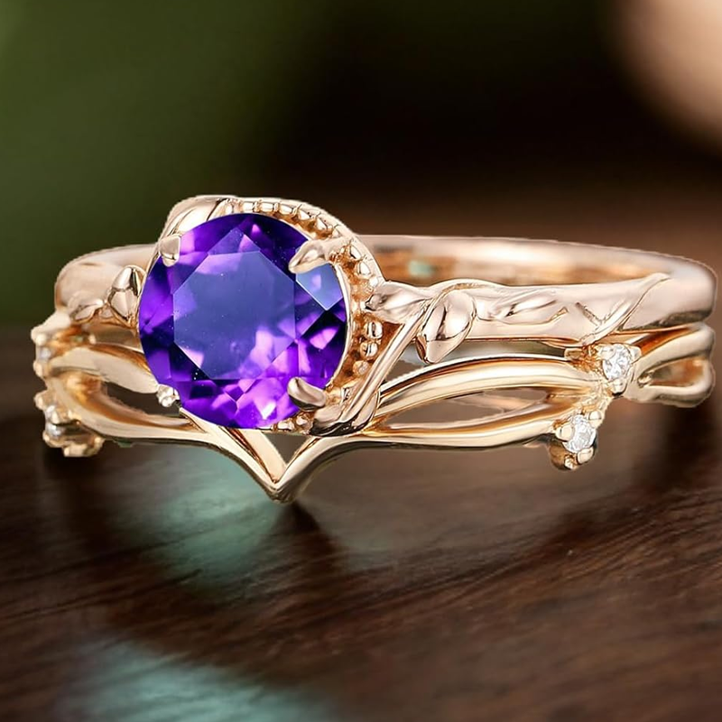 Anel de noivado em ouro branco 10K com pedra preciosa de hera em corte redondo, conjunto de alianças vintage para casamento, aniversário de casamento e proposta de casamento-5