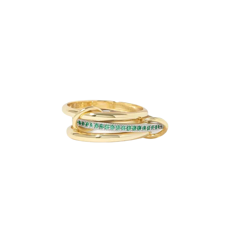 18K Gold Round Lab Created Emerald Chunky Gold Connector Custom Stackable Ring Set-1
