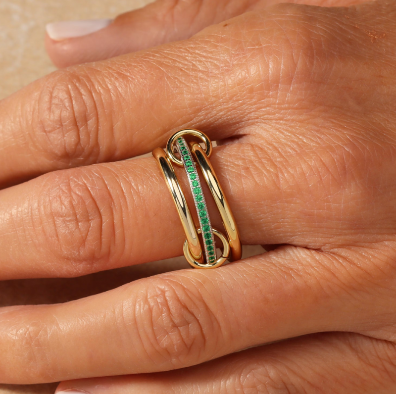 18K Gold Round Lab Created Emerald Chunky Gold Connector Custom Stackable Ring Set-2