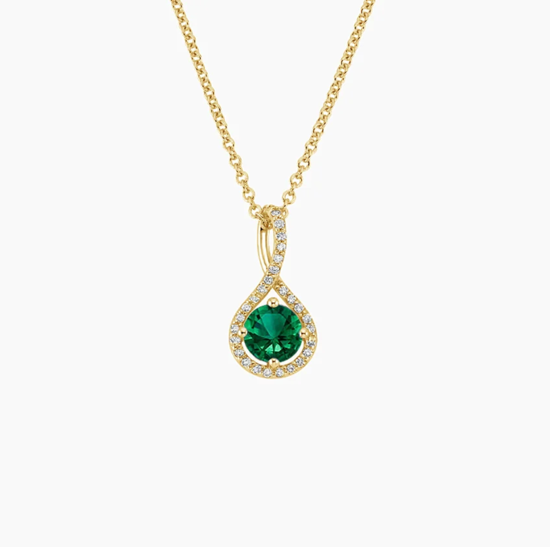 10K Gold Round Natrual Diamond & Lab Created Emerald Pavé Twist Pendant Necklace-1