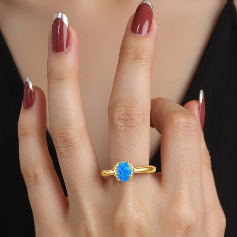 10K Gold Round Shaped & Oval Shaped Diamond & Opal Custom Oval Shaped Wedding Ring 3EX IGI Certified-4