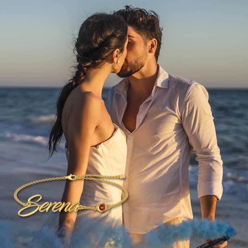 10K Gold Round Zircon Personalized Birthstone & Classic Name Charm Bracelet For Women-2