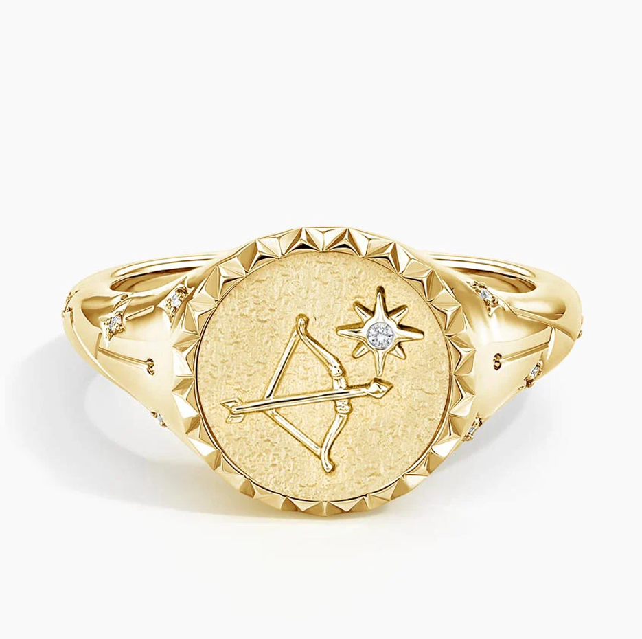 Zodíaco Sagitário em ouro 14K 0,02 CT.T.W. Aliança de Sinete Redonda com Diamante Natural-1