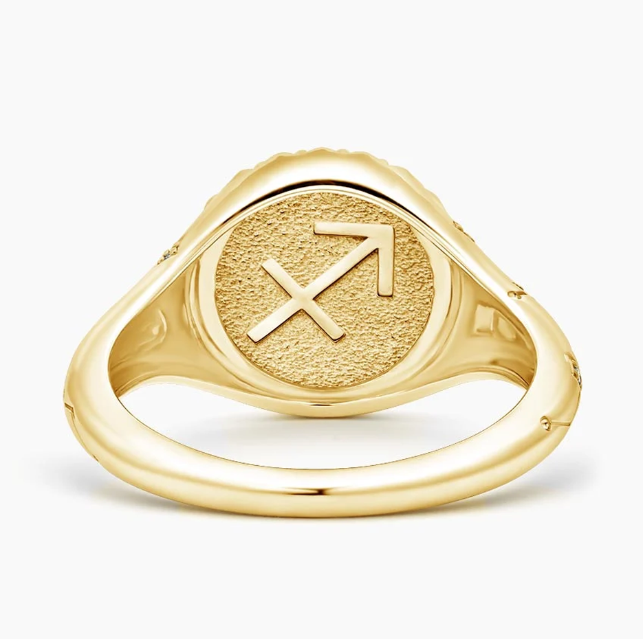 Zodíaco Sagitário em ouro 14K 0,02 CT.T.W. Aliança de Sinete Redonda com Diamante Natural-3
