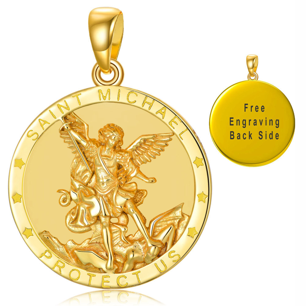 Palavras personalizadas 10k ouro St Michael pingente colar redondo medalhão joias-1