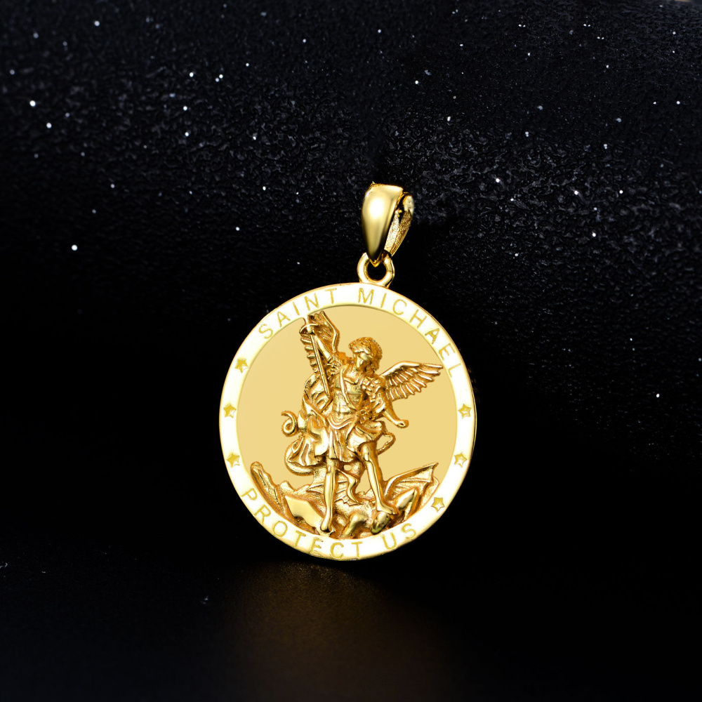 Palavras personalizadas 10k ouro St Michael pingente colar redondo medalhão joias-3