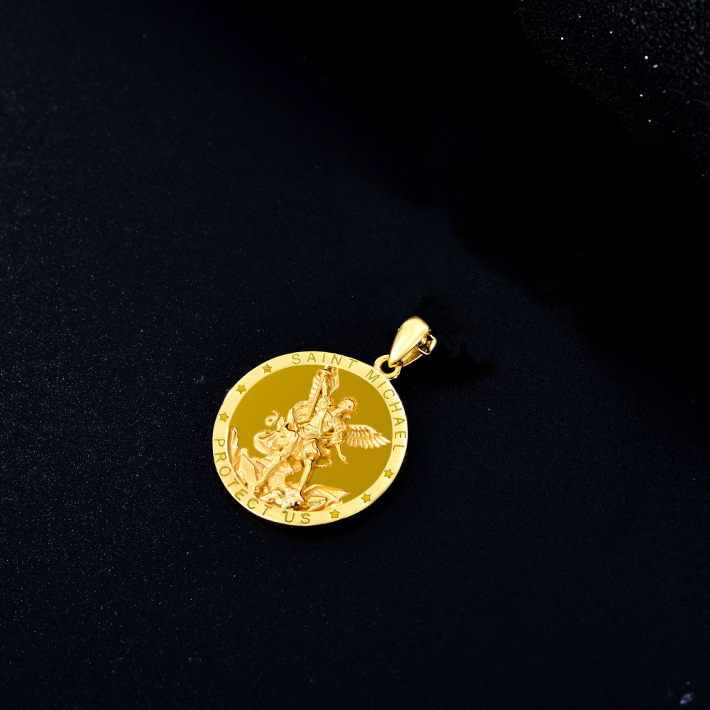 Palavras personalizadas 10k ouro St Michael pingente colar redondo medalhão joias-4