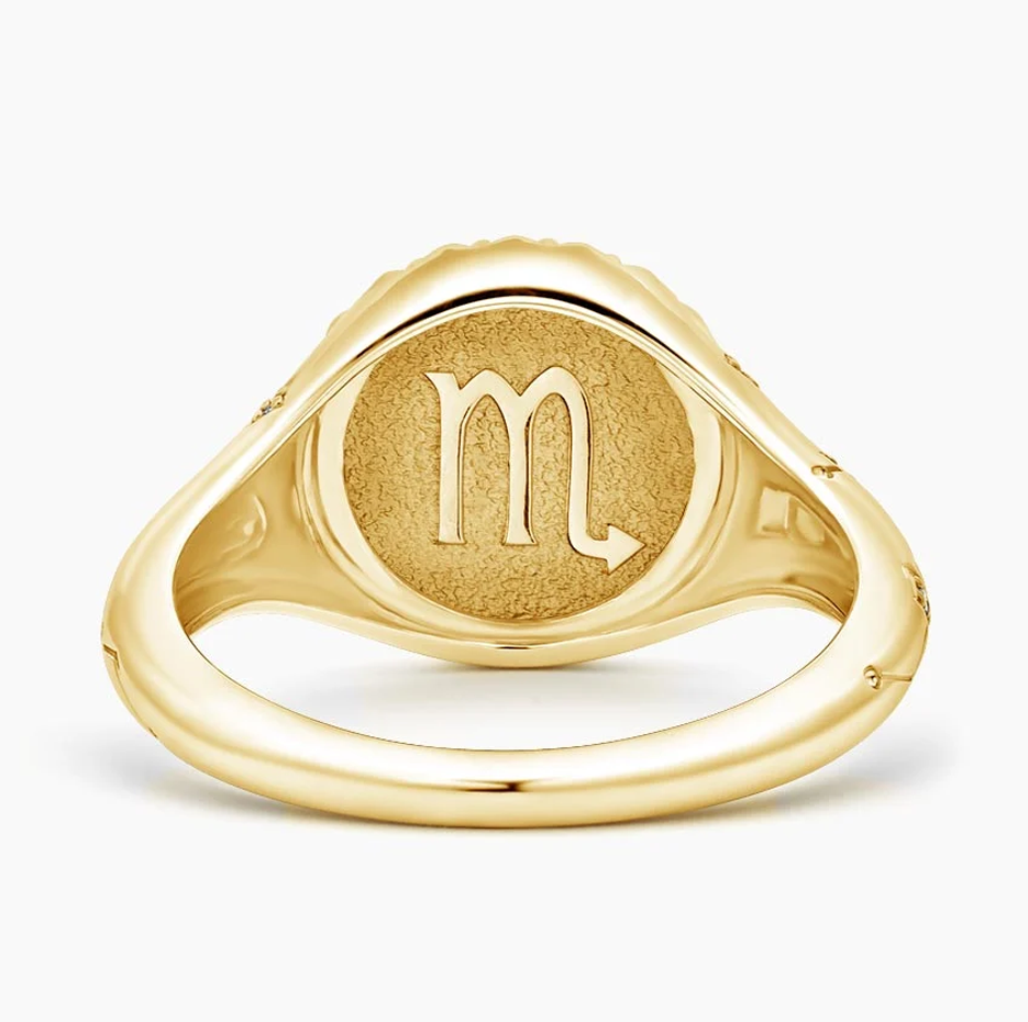 Zodíaco Escorpião em ouro 14K 0,02 CT.T.W. Aliança de Sinete Redonda com Diamante Natural-3