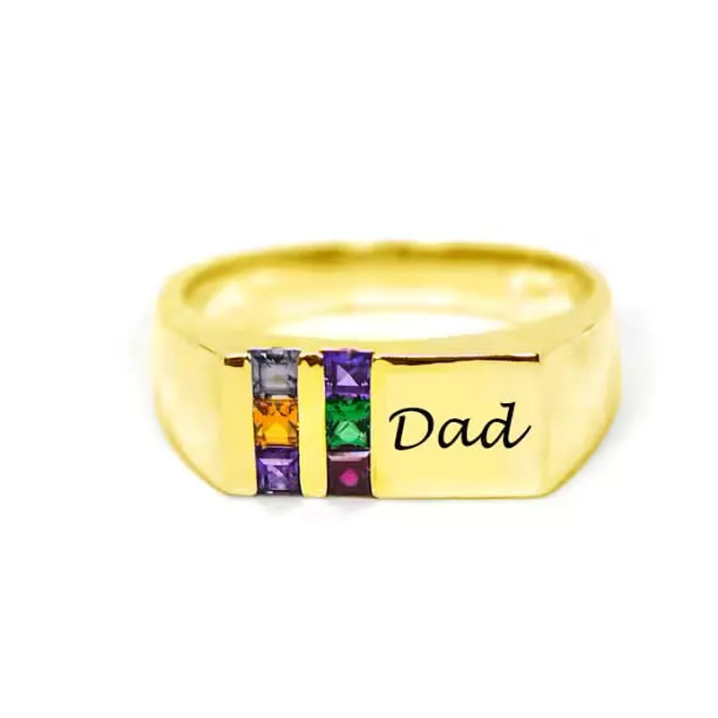 Anel de gravura de pedra de nascimento personalizada com zircônia cúbica quadrada de ouro branco 10K para homens-2