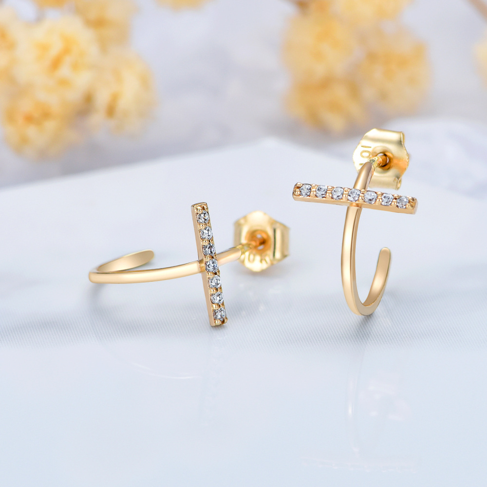 10K Gold Cubic Zirconia Cross Stud Earrings-4