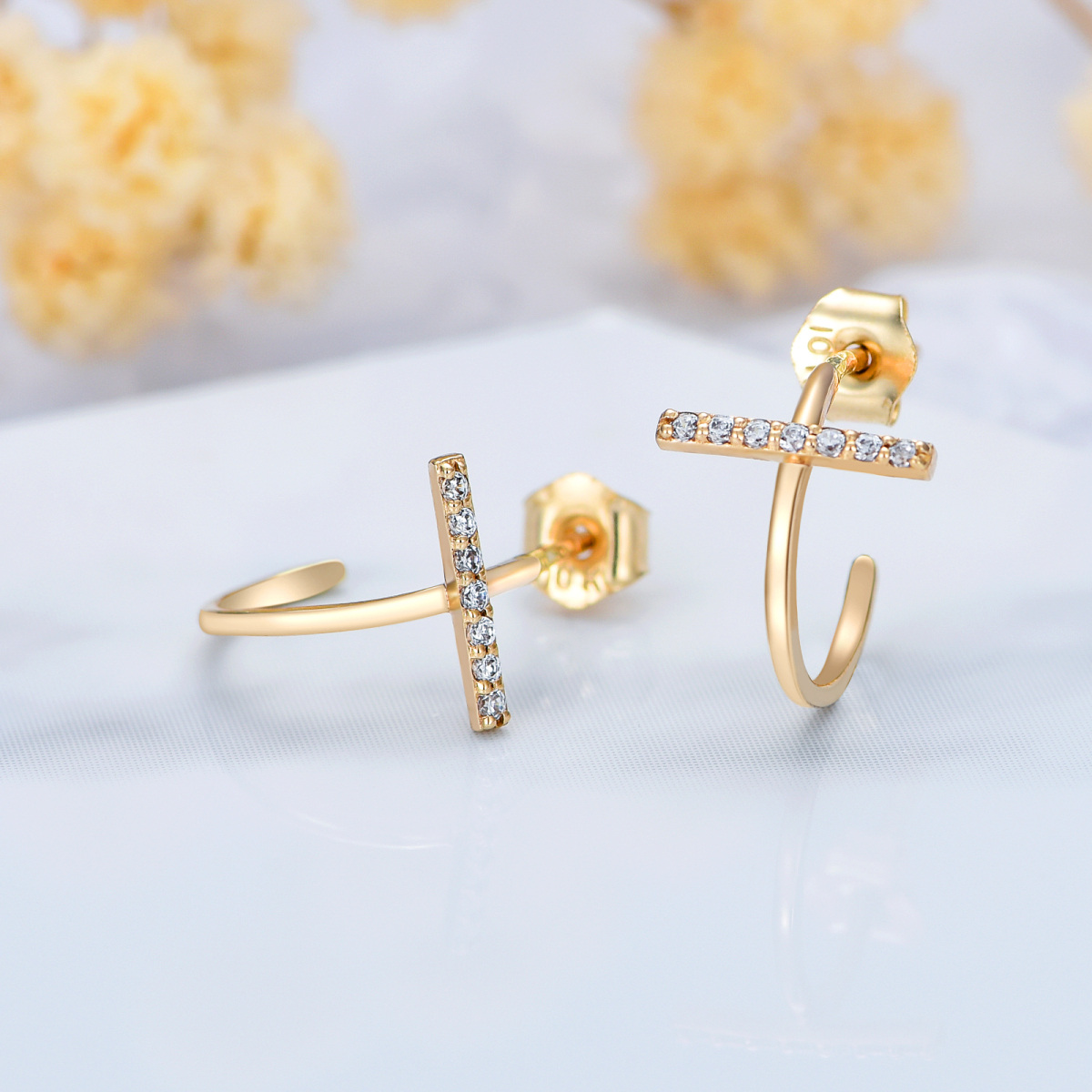 10K Gold Cubic Zirconia Cross Stud Earrings-4