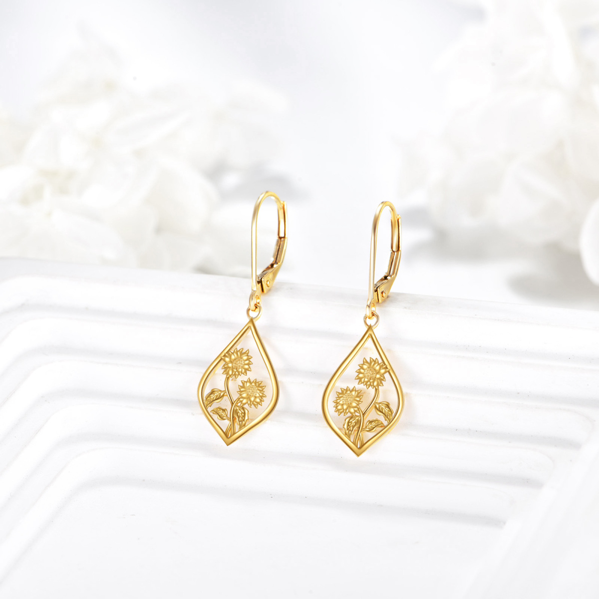 14K Gold Sunflower Drop Earrings-3