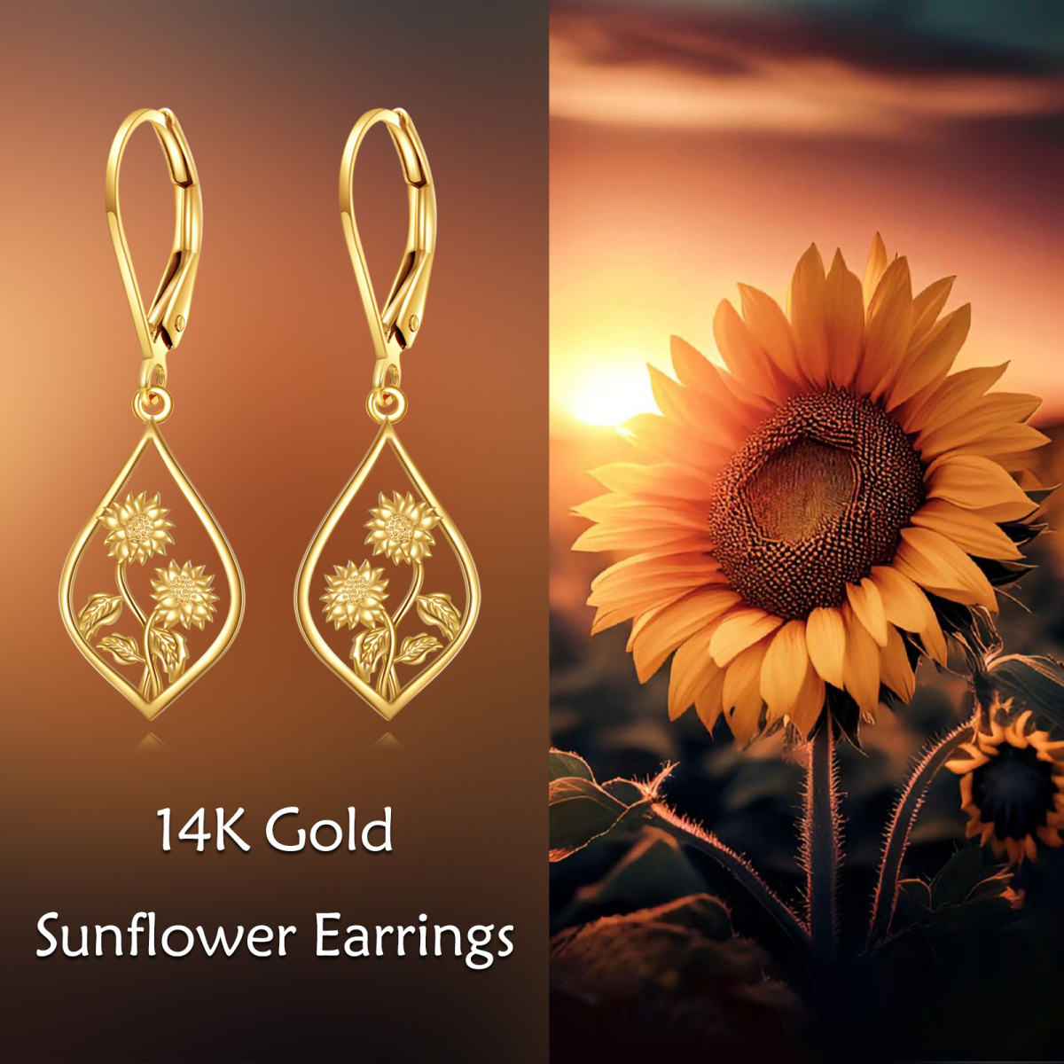 Pendientes colgantes de girasol en oro de 10 quilates-6