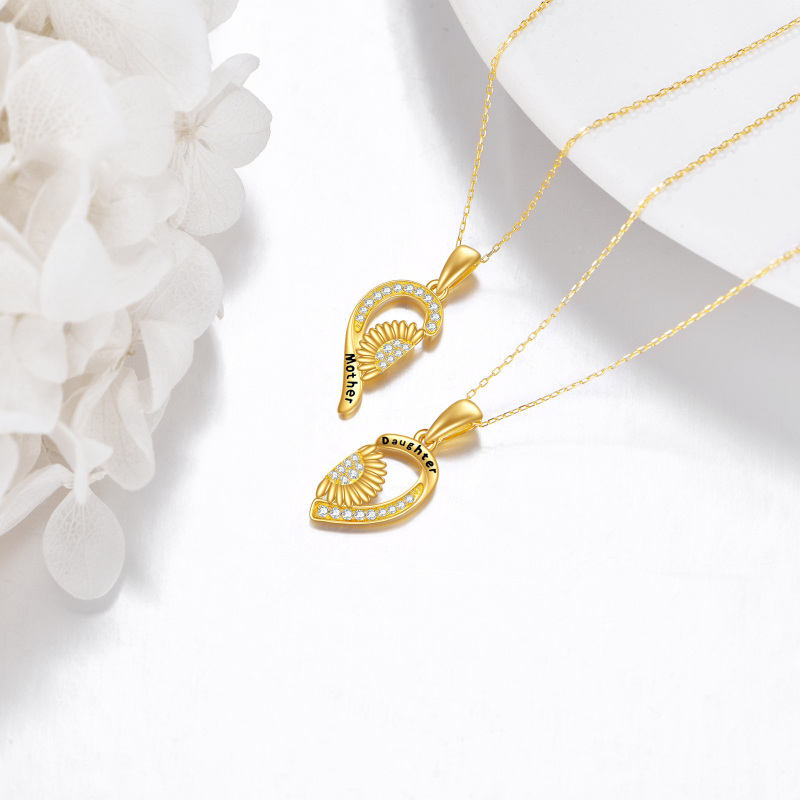 10K Gold Cubic Zirconia Sunflower & Heart Pendant Necklace with Engraved Word-3