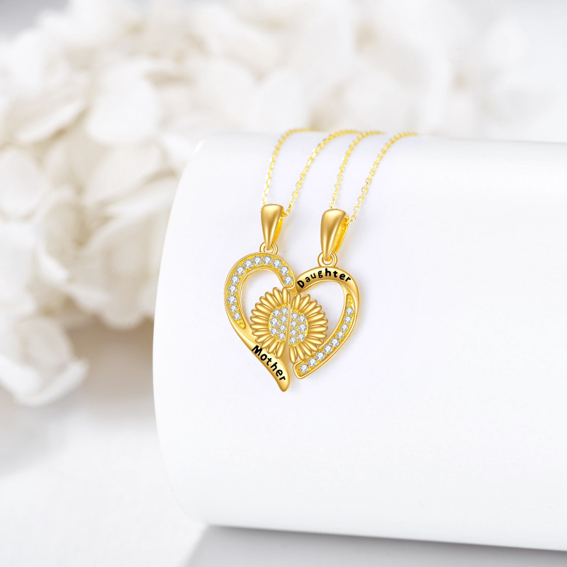 10K Gold Cubic Zirconia Sunflower & Heart Pendant Necklace with Engraved Word-4