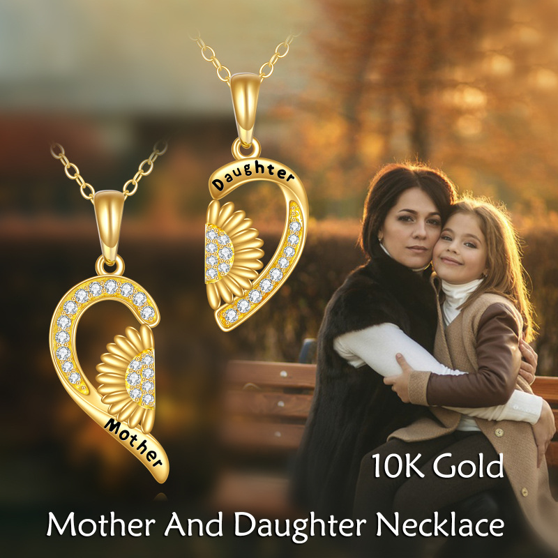 10K Gold Cubic Zirconia Sunflower & Heart Pendant Necklace with Engraved Word-5