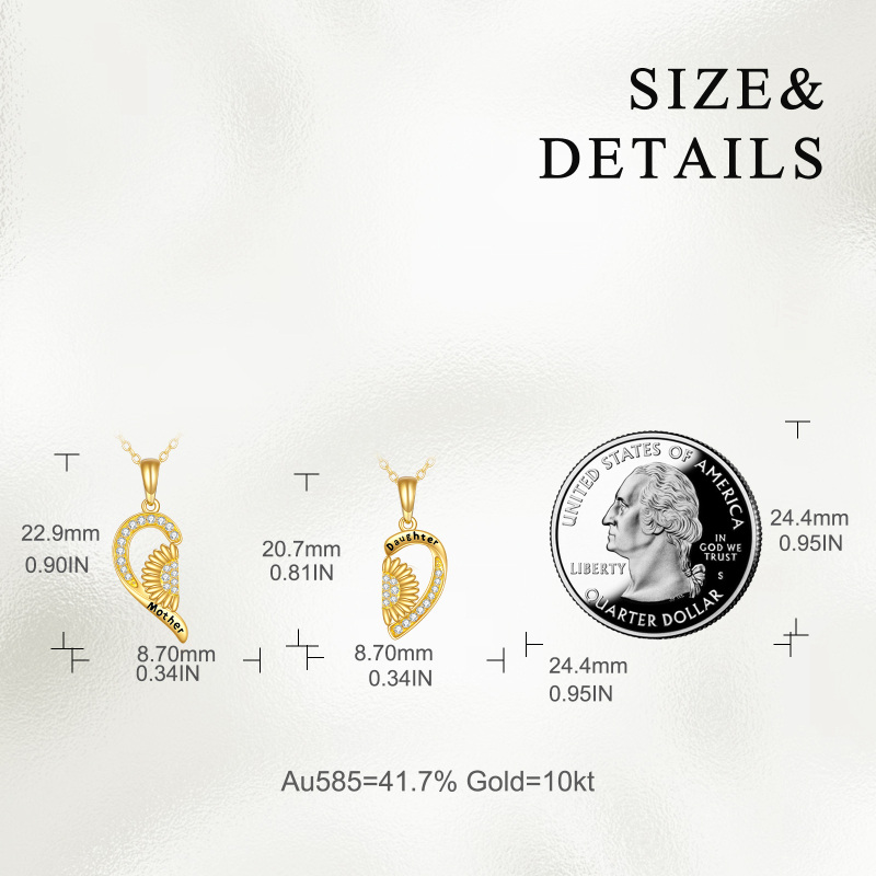 10K Gold Cubic Zirconia Sunflower & Heart Pendant Necklace with Engraved Word-6