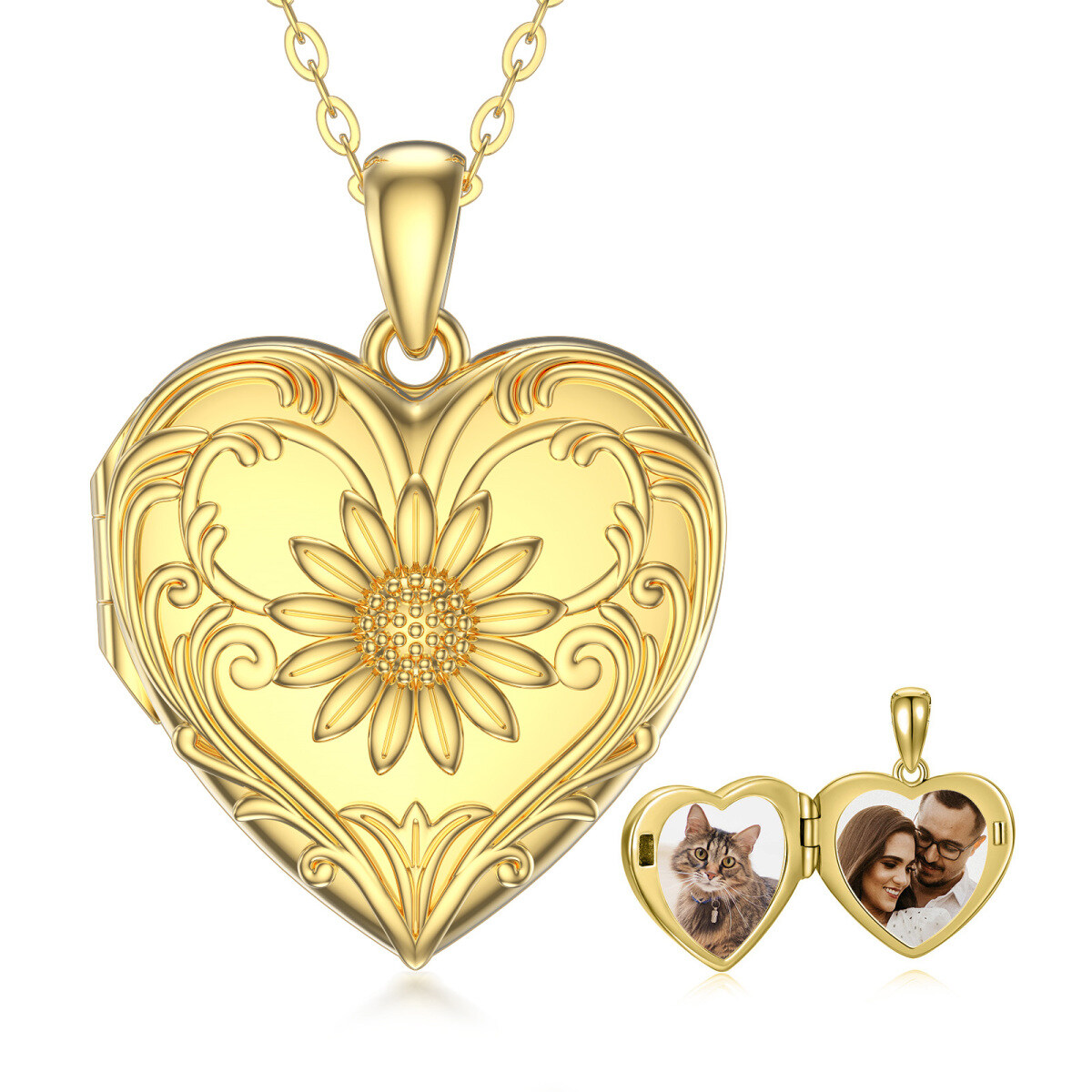 Collar con medallón con foto grabado personalizado en forma de corazón de girasol de oro de 10 quilates-1