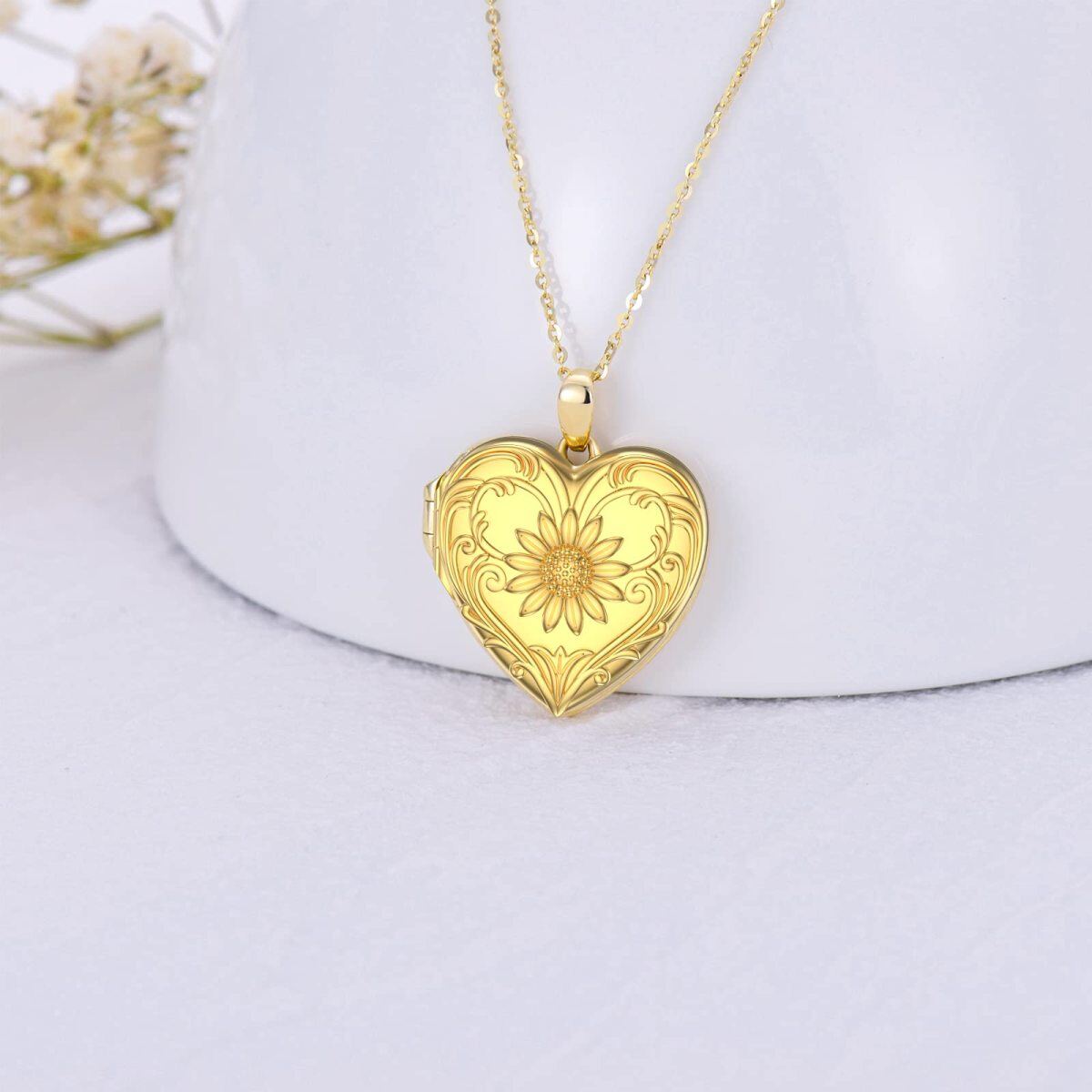 10K Gold Sunflower Personalized Photo Locket Necklace-3