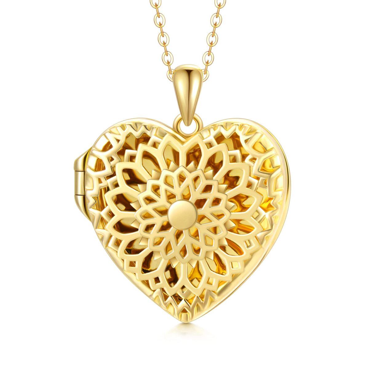 10K Gold Sunflower & Heart Personalized Photo Locket Necklace-1