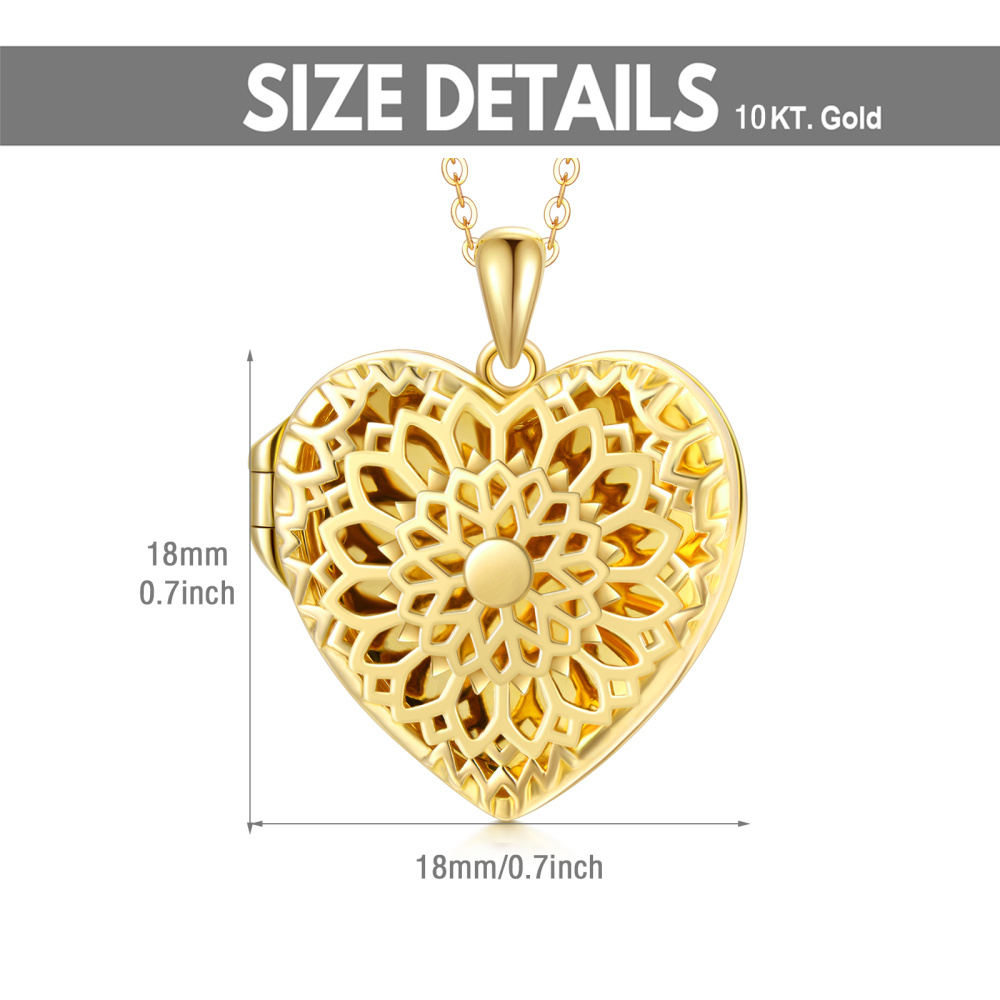 Collar con medallón fotográfico personalizado con corazón de girasol en oro de 10 quilates-5