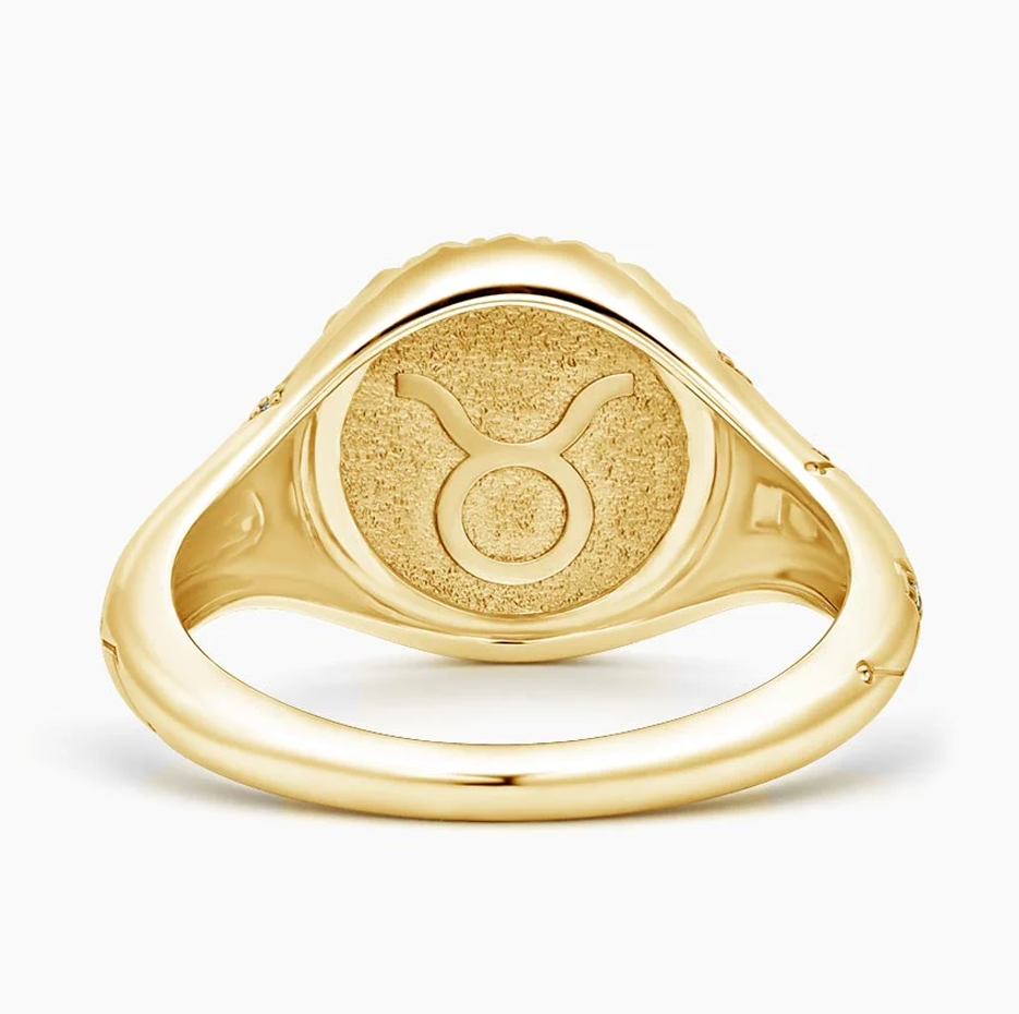 18K Gold Taurus Zodiac 0.02 CT.T.W. Round Natrual Diamond Signet Band-3